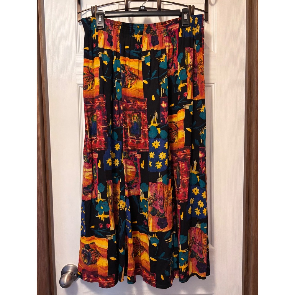 Vintage C.M. Shapes Rayon Floral Patchwork Print Midi Skirt Plus Size 18 USA